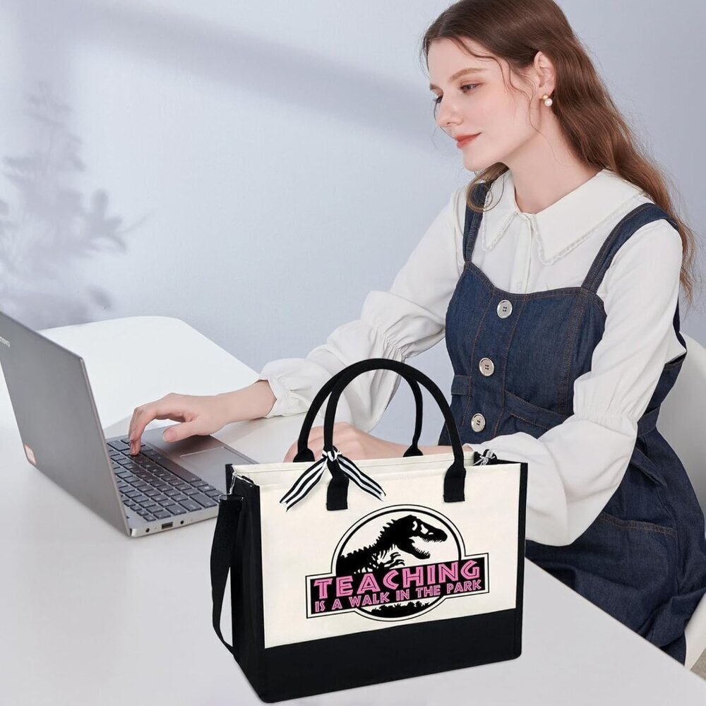 Teacher Tote Bag Canvas Large Capacity Zipper Pouch Adjustable Straps - Picture 3 of 6